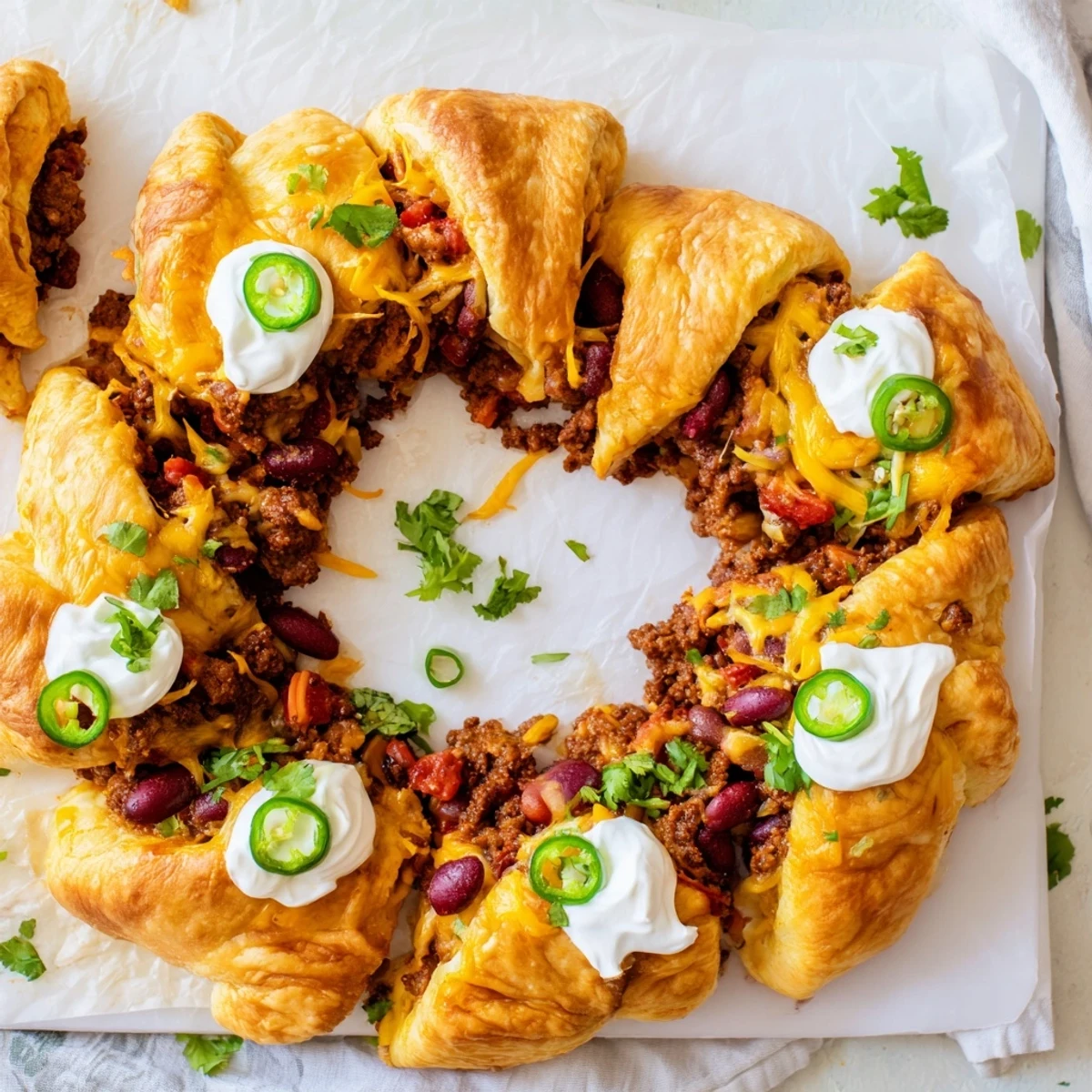 Savory Beef Chili Taco Crescent Roll Ring baked golden, filled with spiced beef, beans, and cheddar, garnished with fresh cilantro.