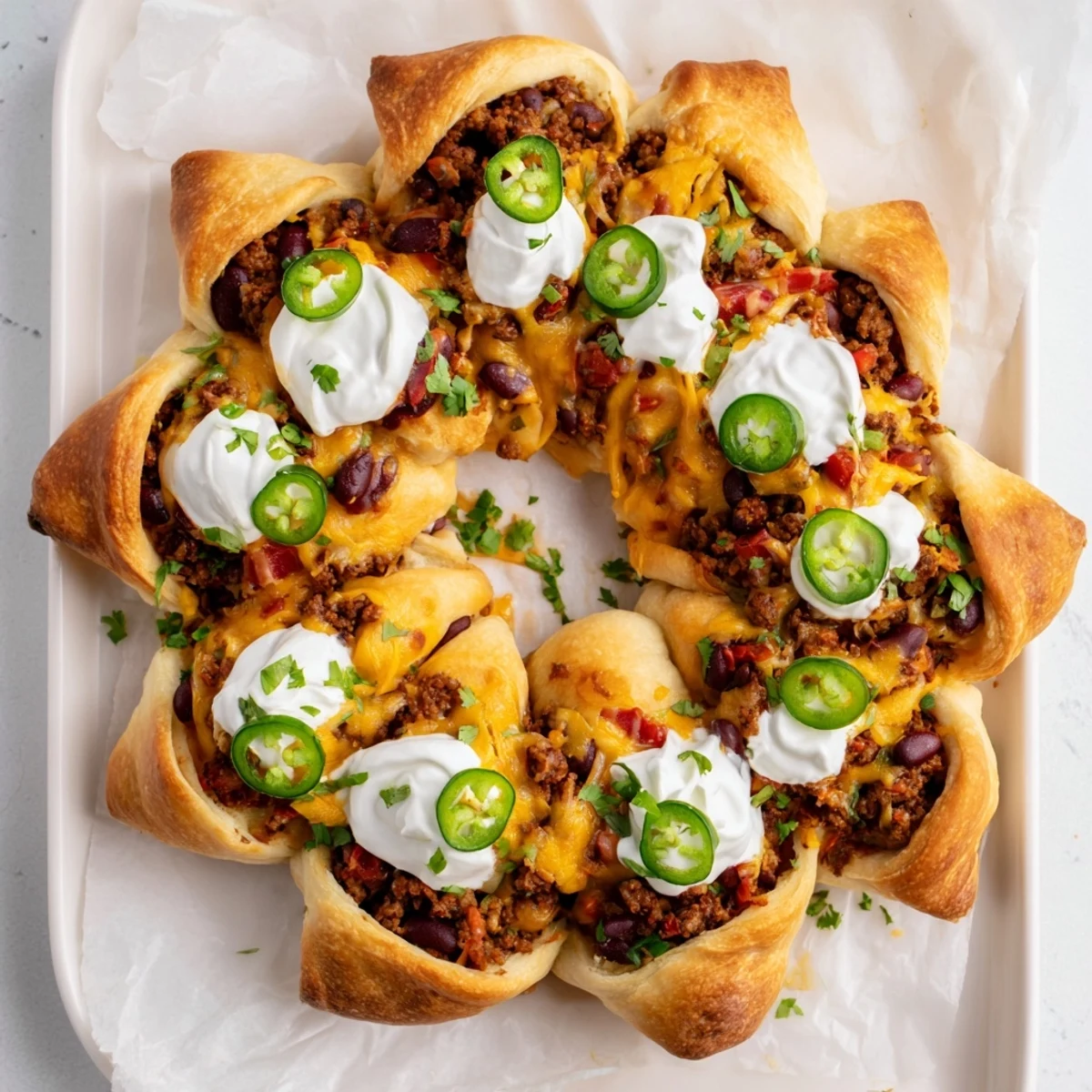 Hearty Beef Chili Taco Crescent Roll Ring with melted cheese, flaky crust, and beef chili filling, sliced for sharing.