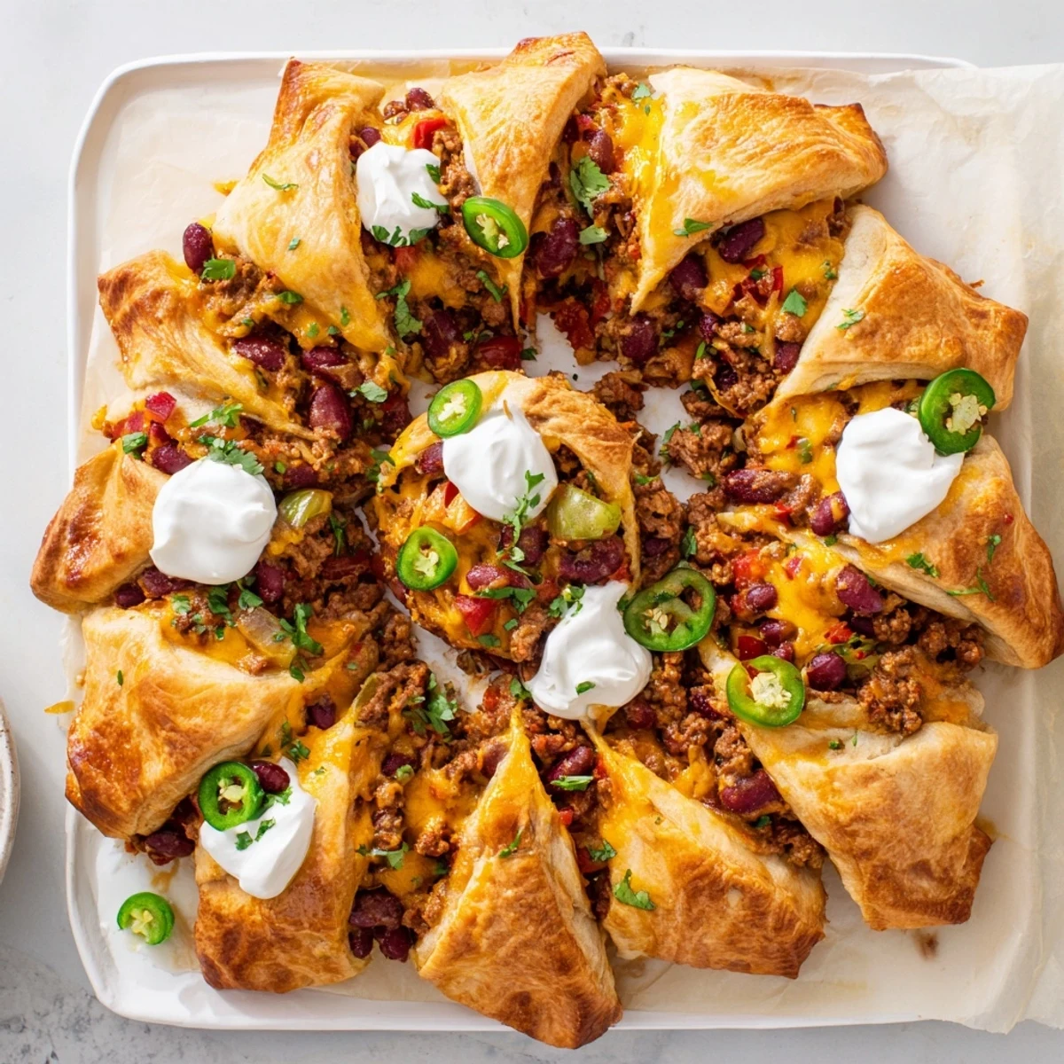 Family-style Beef Chili Taco Crescent Roll Ring on a platter, served warm with sour cream, jalapeños, and colorful toppings.