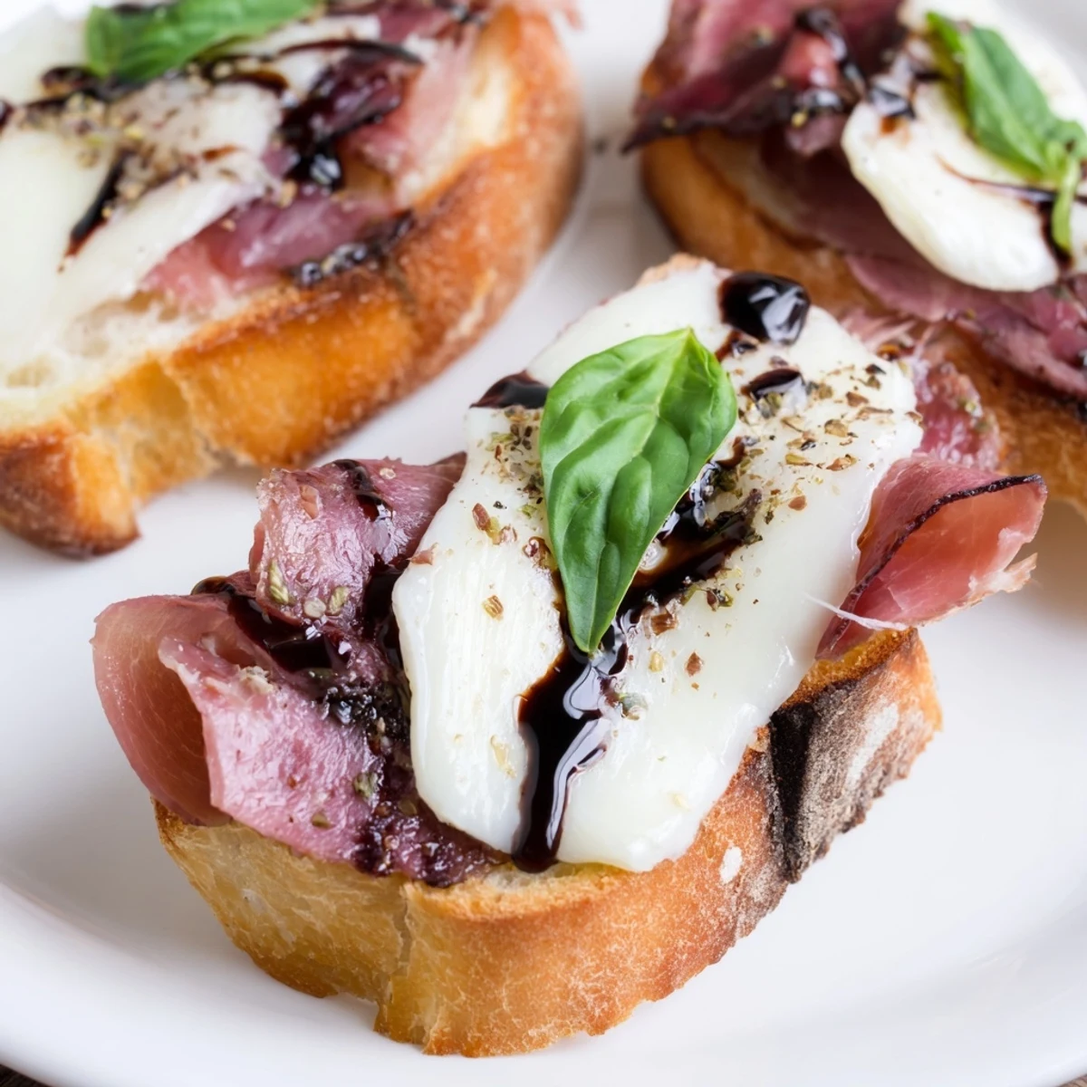 Savory Mozzarella Beef Prosciutto Crostini arranged on a rustic board with a light drizzle of balsamic glaze.