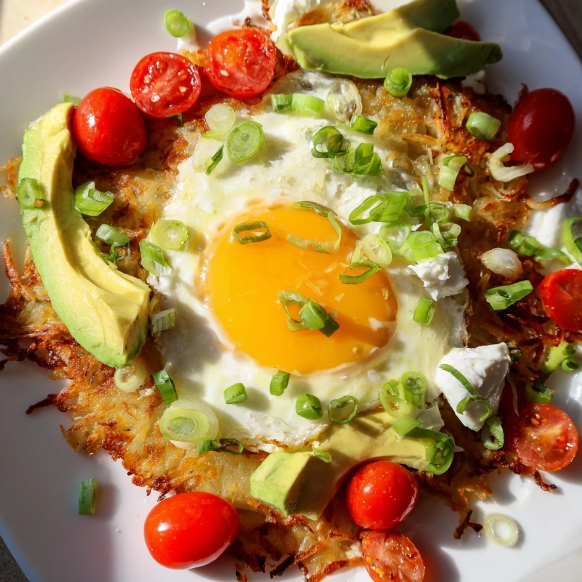 Golden crispy loaded hash browns topped with fluffy fried eggs, creamy avocado slices, and a scoop of tangy cottage cheese.