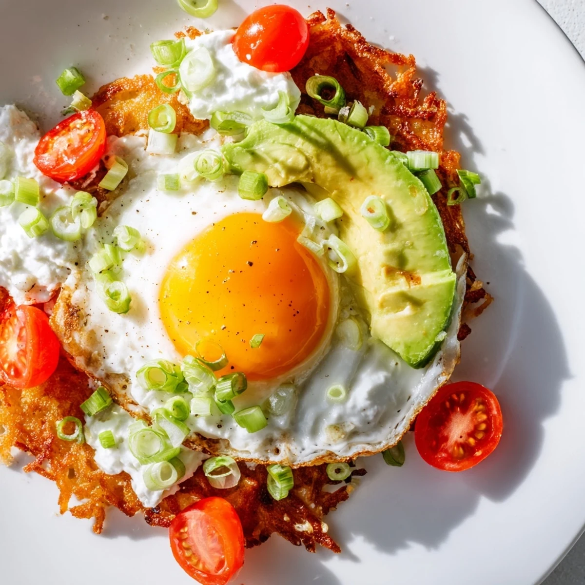 Hearty American breakfast of loaded hash browns with eggs, avocado, and cottage cheese served hot on a white plate.