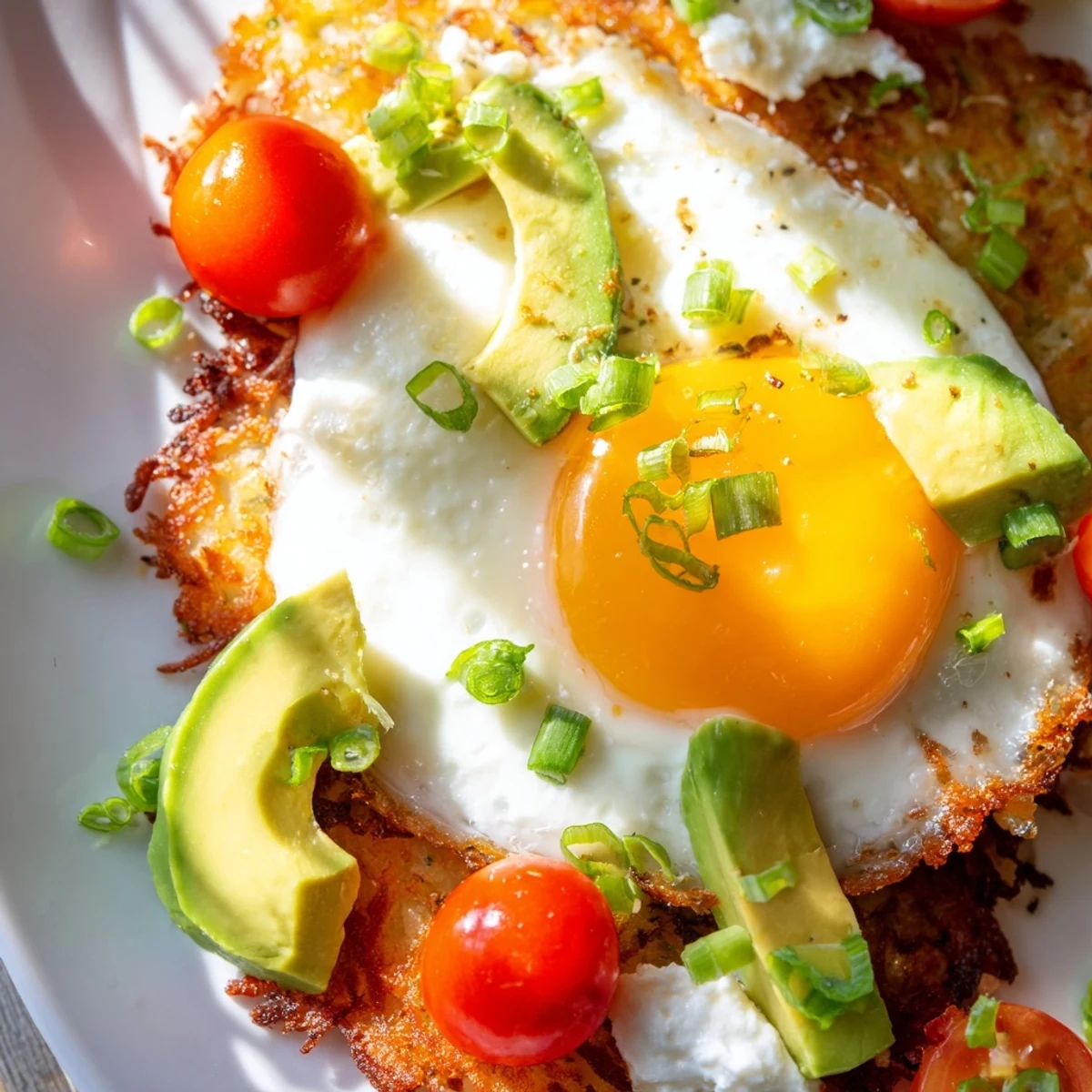 Savory loaded hash browns with eggs, avocado, and cottage cheese garnished with fresh green onions and cherry tomatoes.