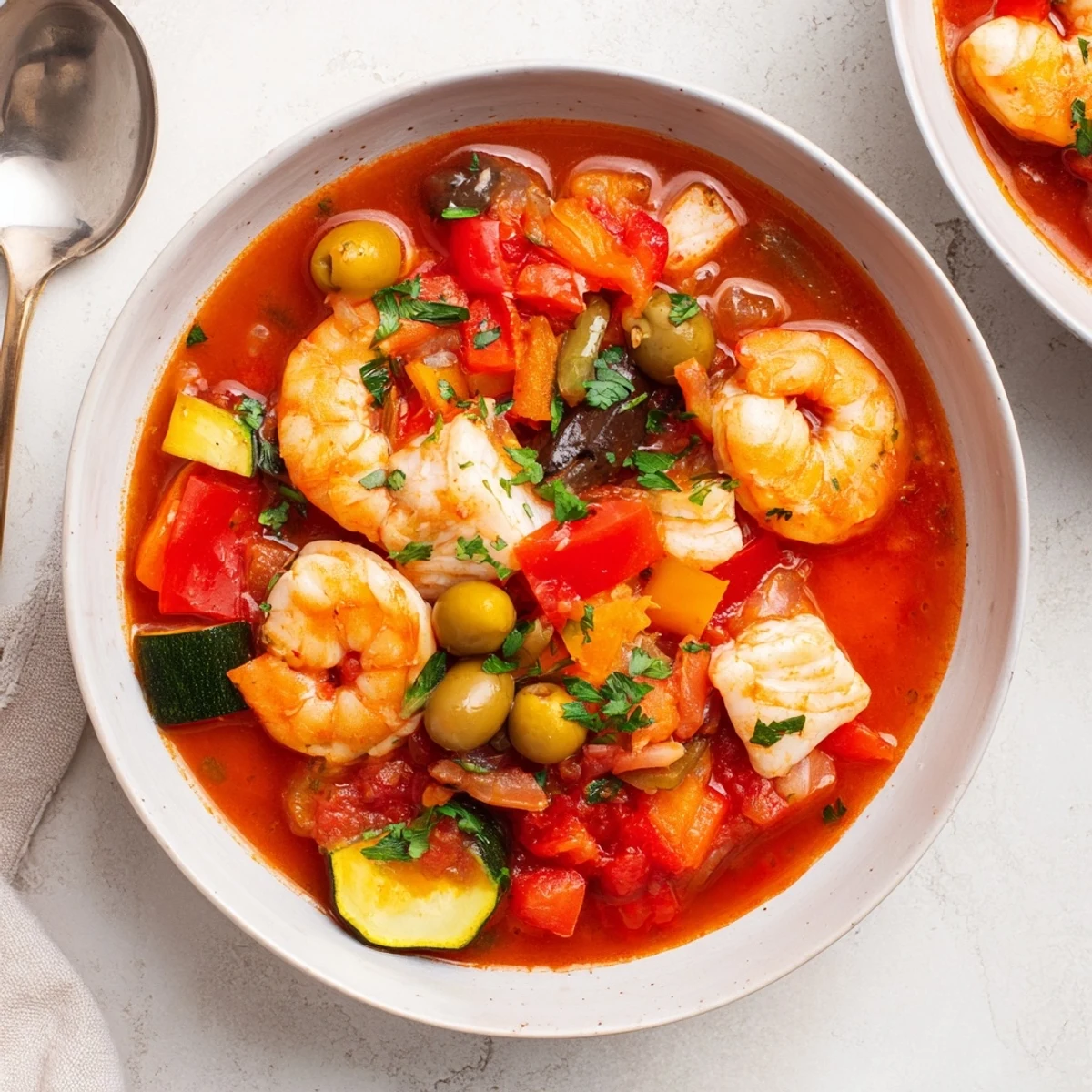 A steaming bowl of Mediterranean Seafood Shrimp Chili garnished with fresh parsley and lemon wedges. 