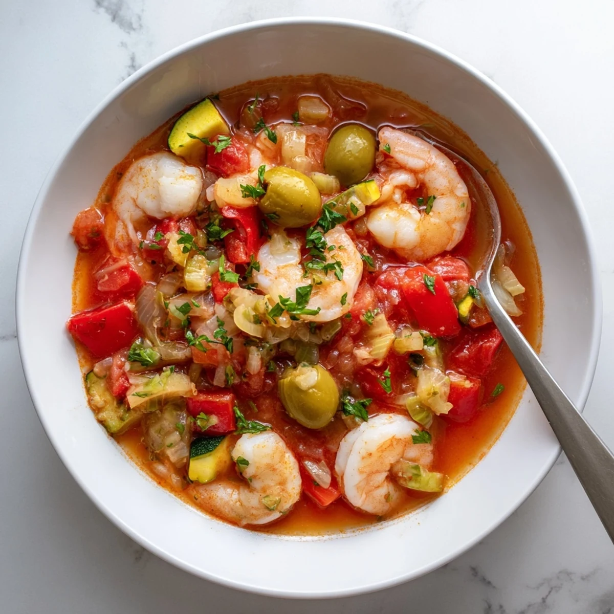 Succulent shrimp and tender white fish simmer in a rich tomato broth with green olives. 