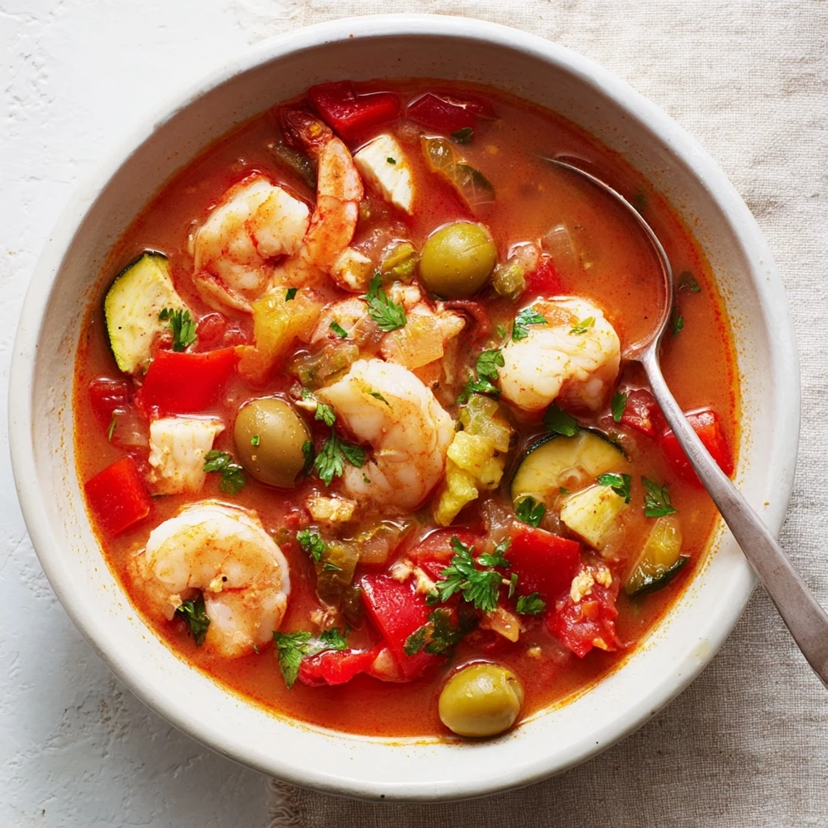 Spicy Mediterranean Seafood Shrimp Chili served in a rustic ceramic bowl ready to enjoy.
