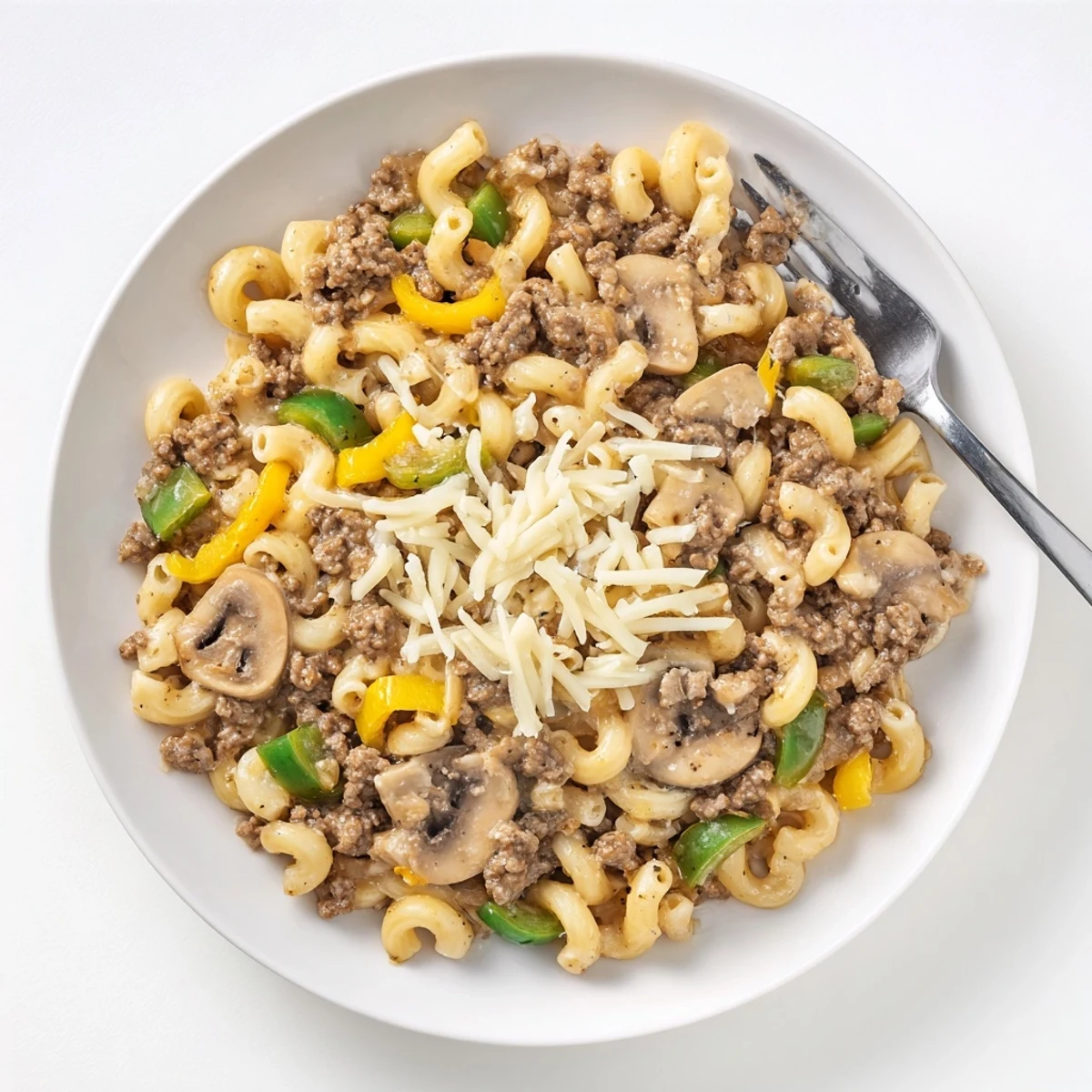A steaming skillet of Easy High Protein Philly Cheesesteak Mac with melted provolone and mozzarella on top.
