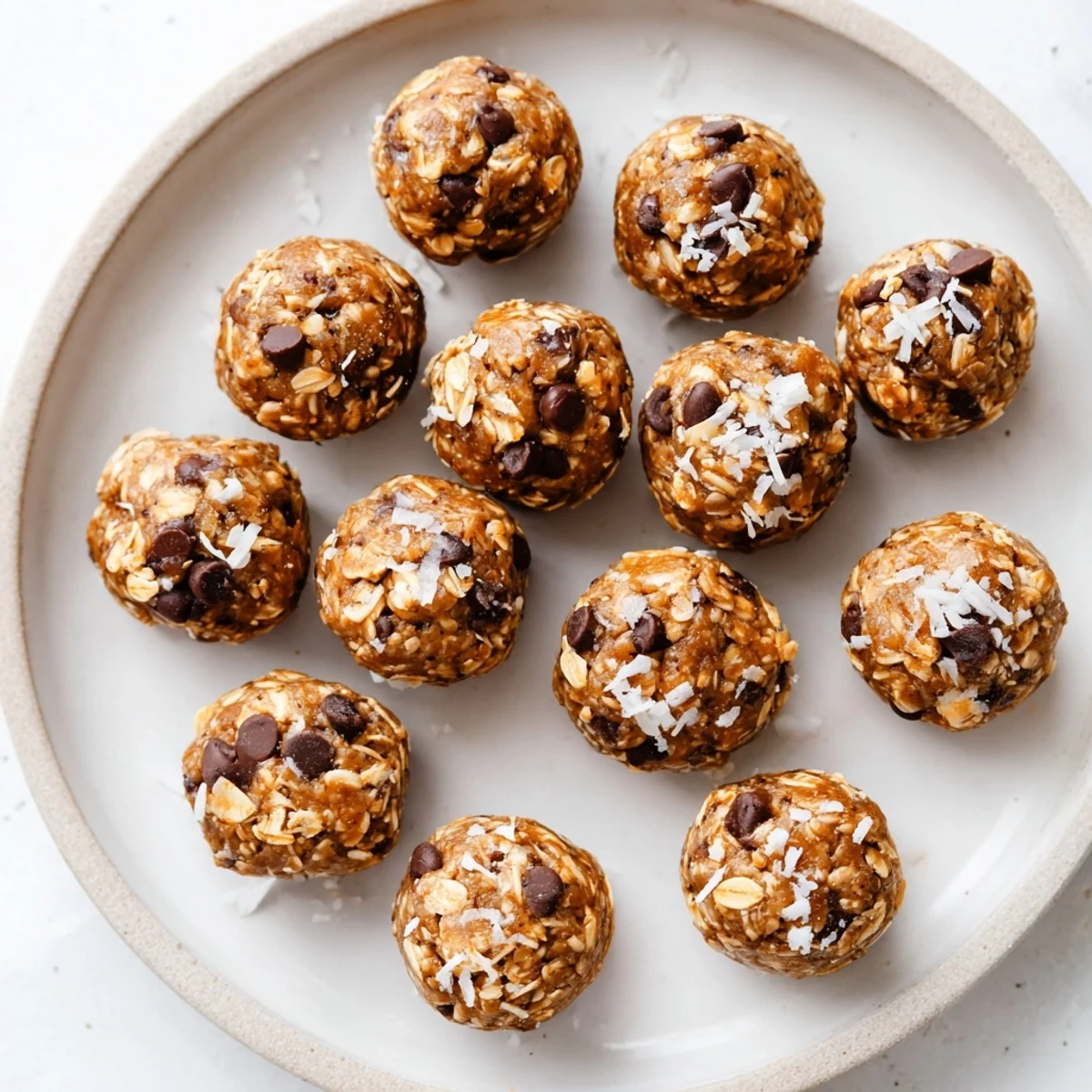 Freshly rolled Easy No Bake Chocolate Chip Energy Bites on a marble board, showcasing oats and melted chocolate chips in a healthy snack setting.
