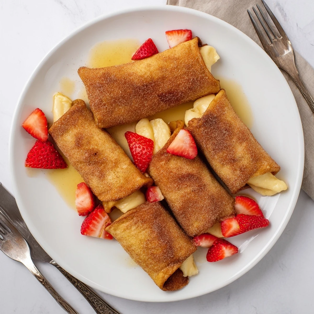 Crispy golden fried Cheesecake Dessert Chimichangas Cinnamon Sugar Delights sit on a plate beside fresh berries and whipped cream.