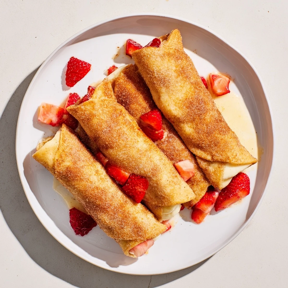 Warm Cheesecake Dessert Chimichangas Cinnamon Sugar Delights with a dusting of cinnamon sugar next to melted chocolate sauce.