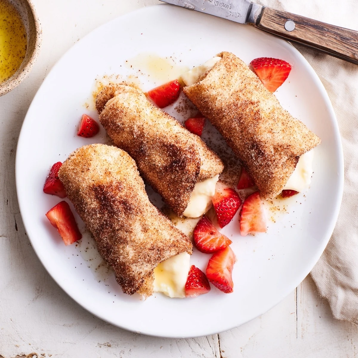 Golden brown Cheesecake Dessert Chimichangas Cinnamon Sugar Delights brushed with butter served with vanilla ice cream and strawberries.
