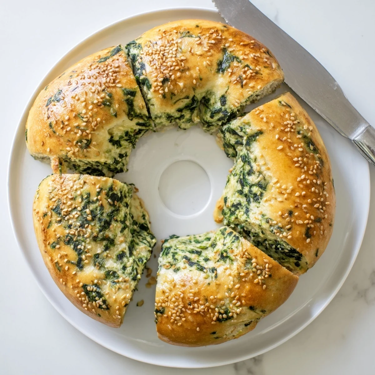 Freshly baked Spinach Cottage Cheese Flagels on a wire rack, golden-brown and studded with sesame seeds.