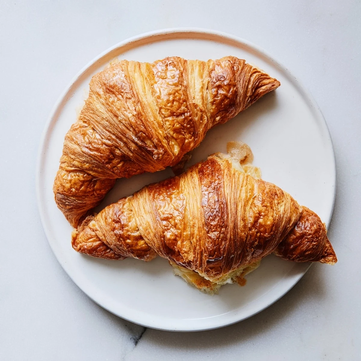 Sliced gluten-free croissant revealing light, airy layers on a white ceramic plate.