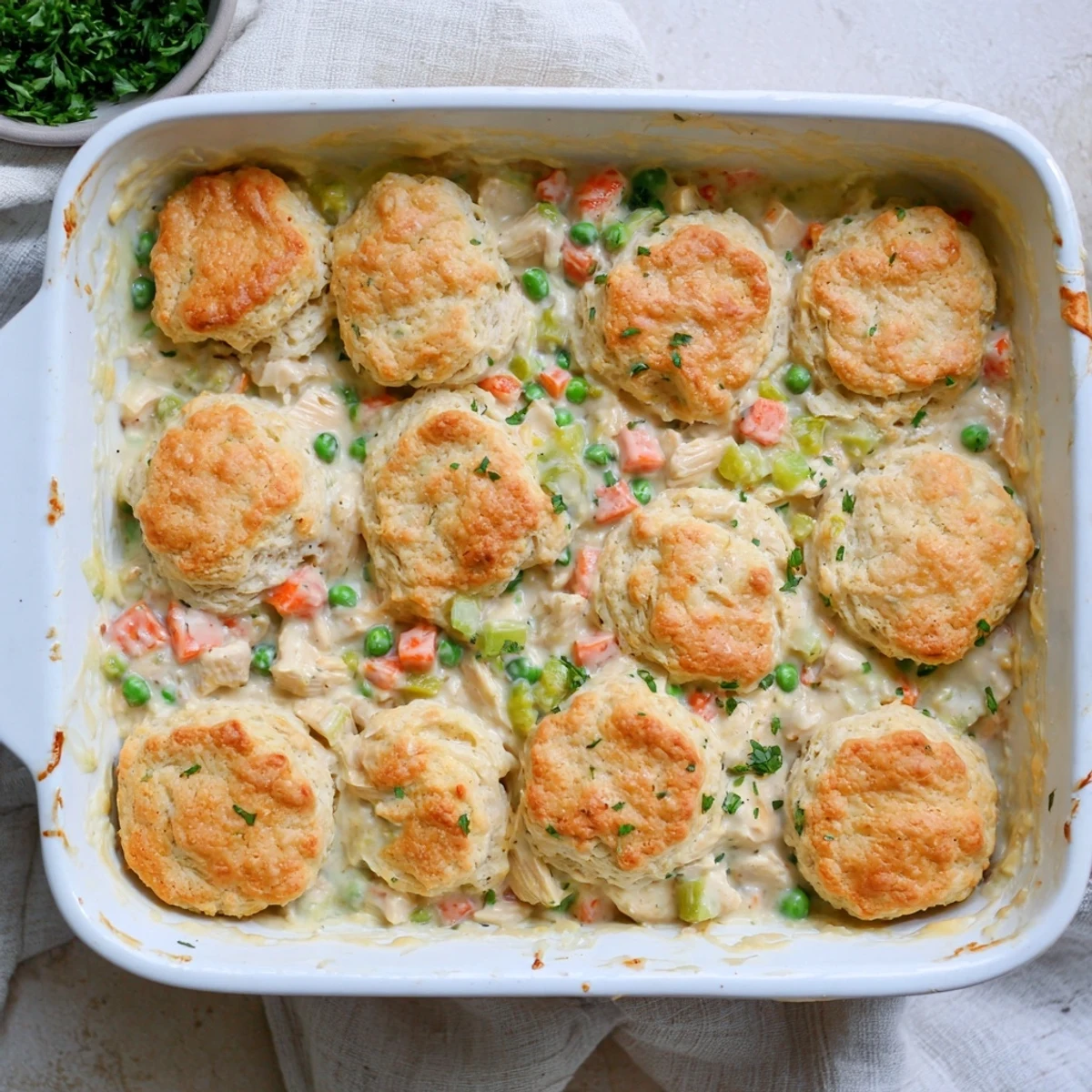 Steam rises from a slice of Red Lobster Biscuit Chicken Pot Pie served on a rustic plate.