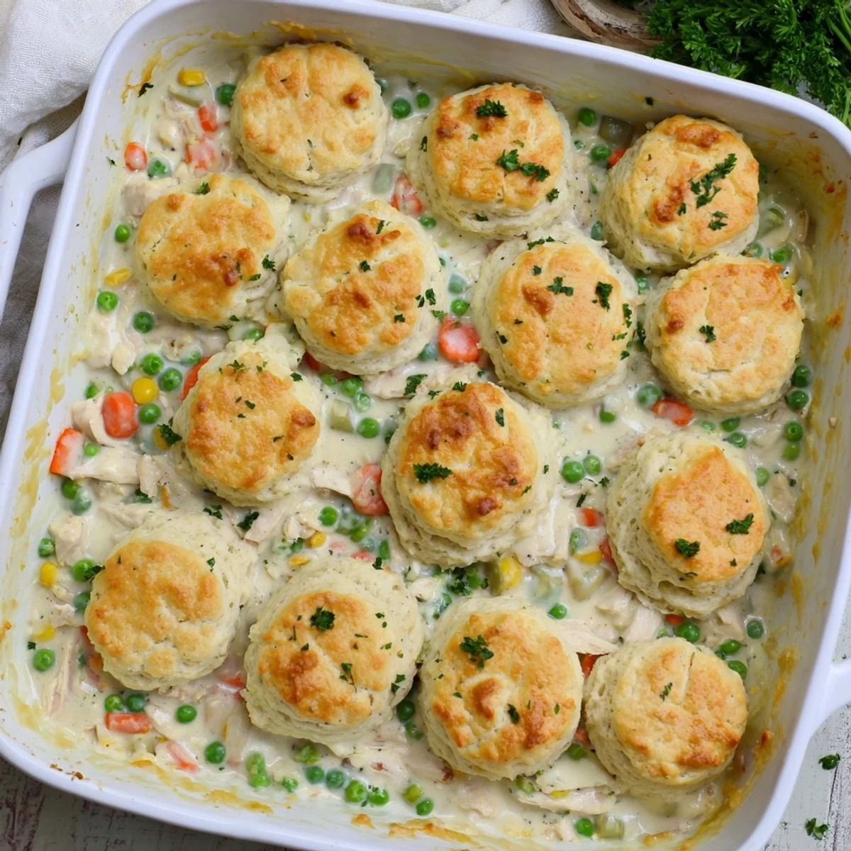 A close-up of Red Lobster Biscuit Chicken Pot Pie with golden cheddar biscuits resting on creamy chicken filling.