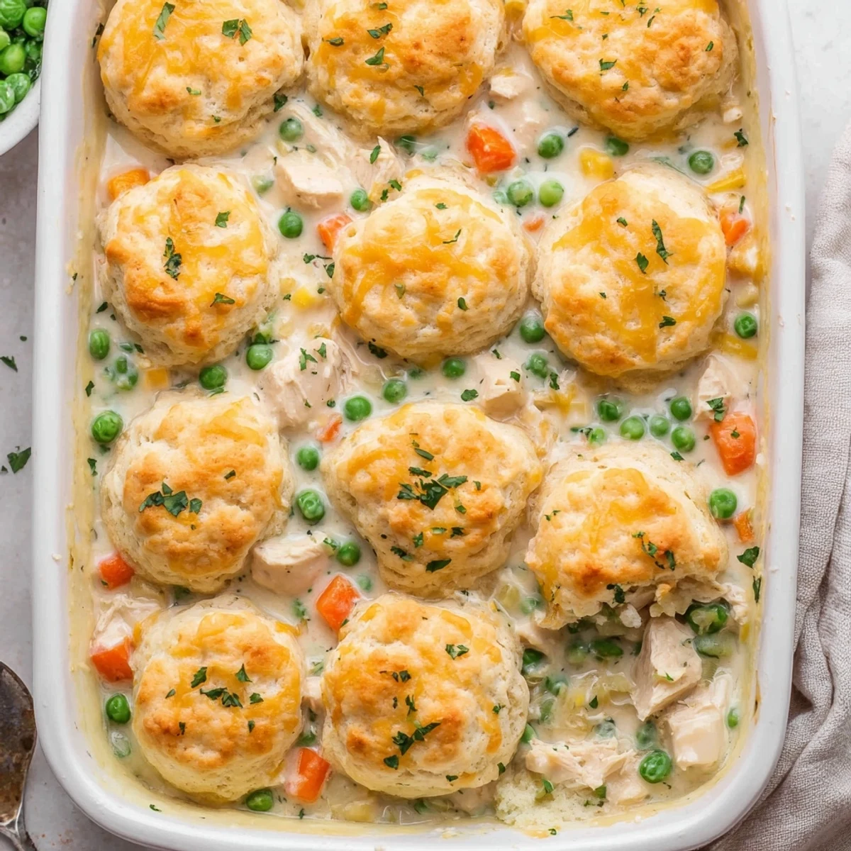 The golden biscuit topping of Red Lobster Biscuit Chicken Pot Pie brushed with garlic butter and parsley.