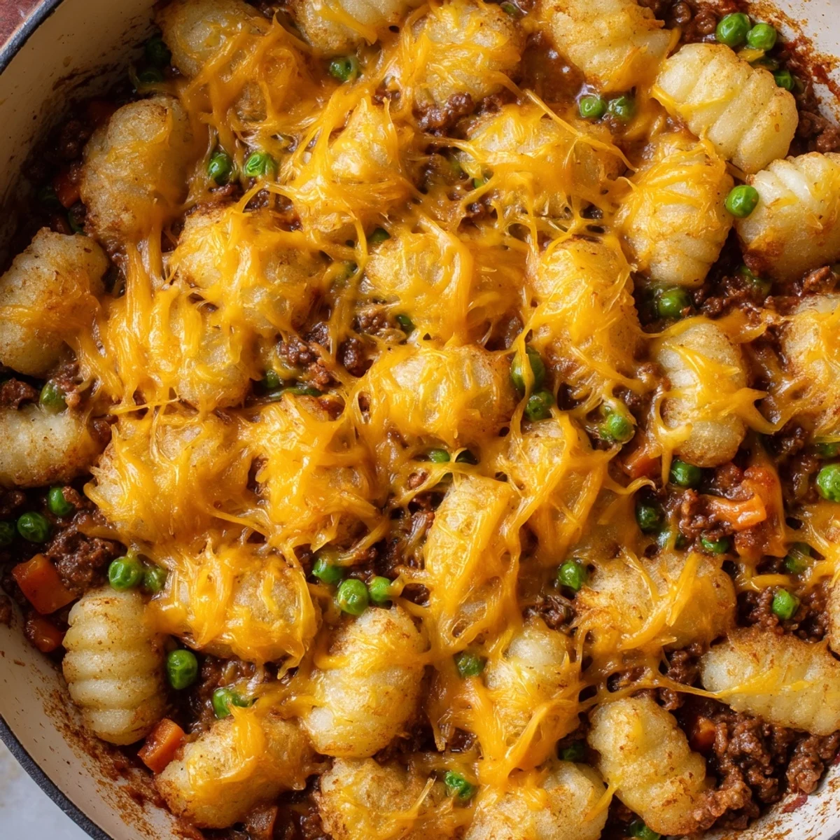 Golden-brown melted cheddar and Parmesan cheese bubbling over pillowy gnocchi in the Quick Gnocchi Shepherds Pie.