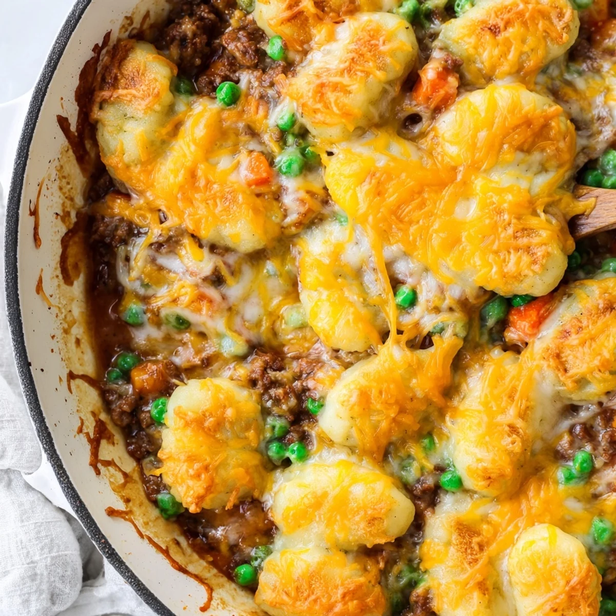 Sliced Quick Gnocchi Shepherds Pie served on a white plate next to a fresh garden salad for dinner.