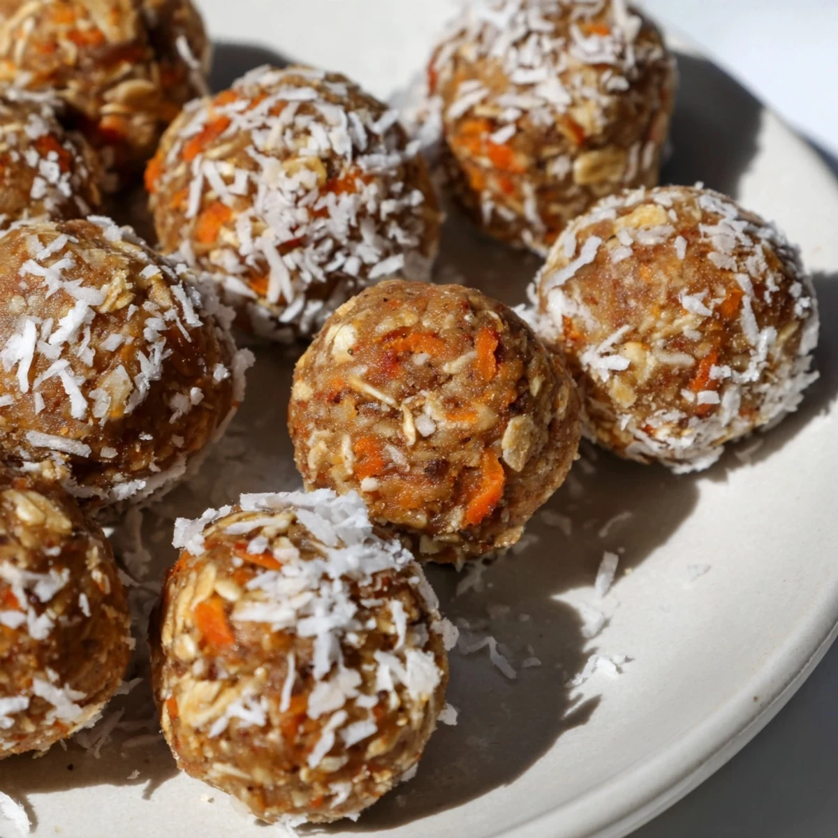 A close-up view shows a halved No Bake Carrot Cake Bite with chopped walnuts and grated carrots.