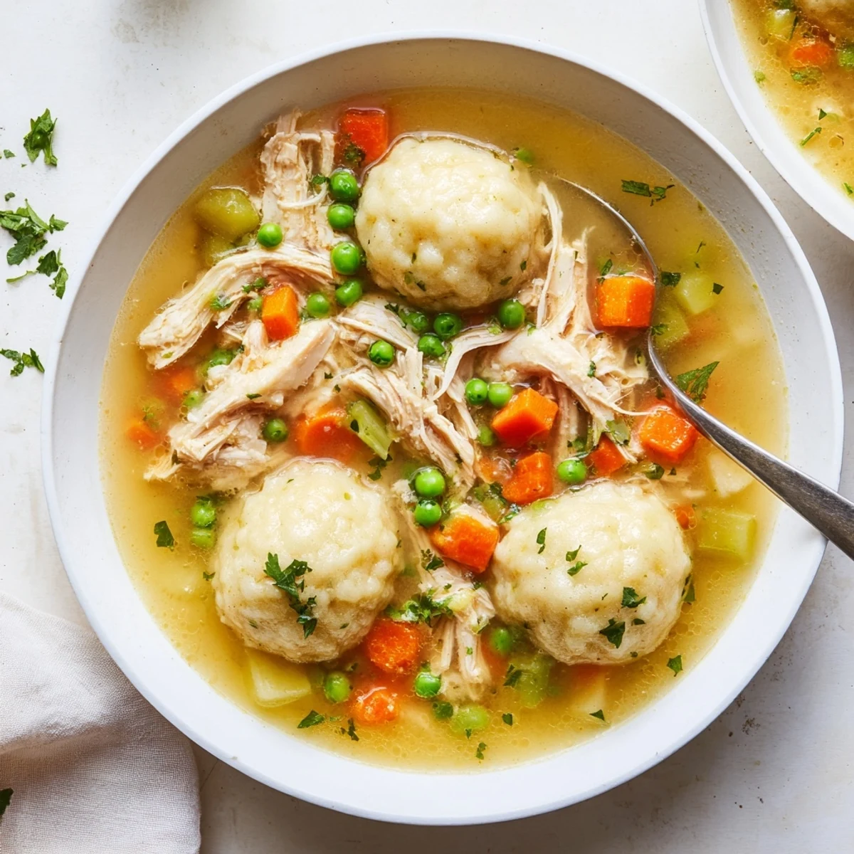 Steaming One Pot Chicken Dumpling Soup reveals tender chicken and fluffy dumplings swimming in a golden broth.
