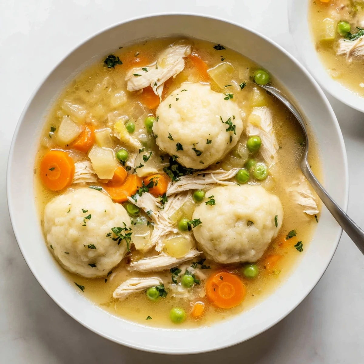One Pot Chicken Dumpling Soup features soft dumplings and shredded chicken nestled among carrots and peas.