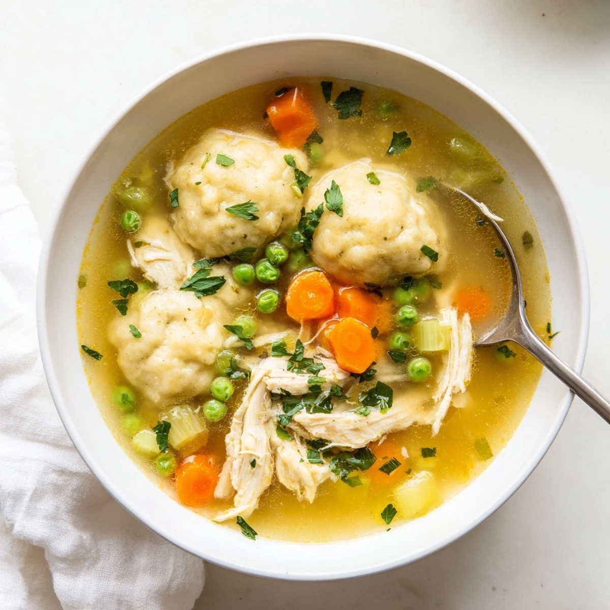 Rustic One Pot Chicken Dumpling Soup served in a cozy bowl, ready for a comforting family dinner.