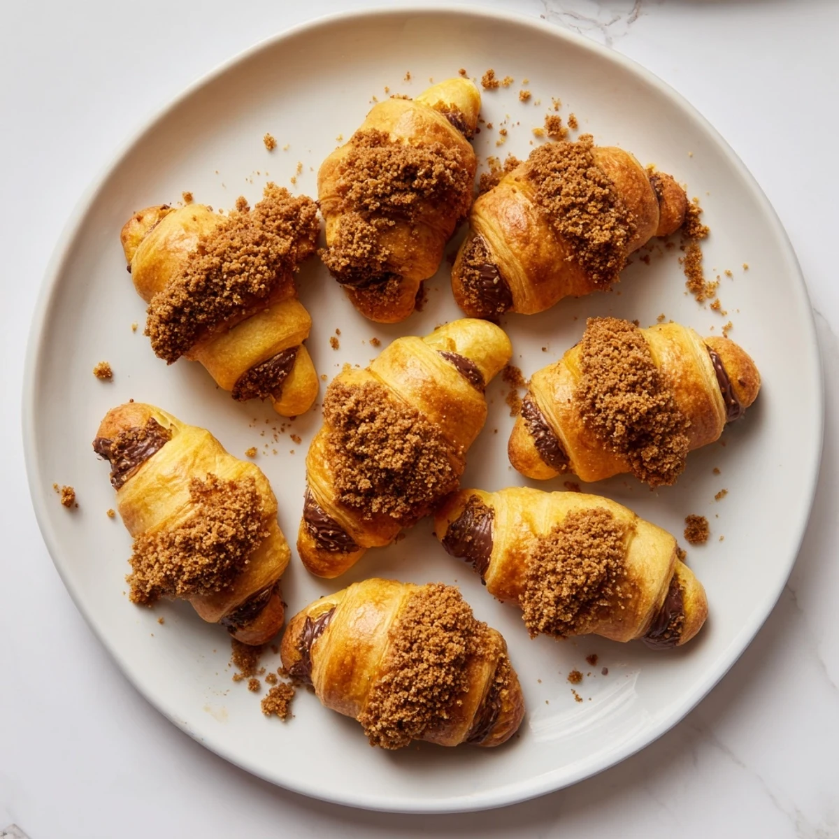 Freshly baked Smores Crescent Rolls show melted chocolate and marshmallows oozing from golden, flaky pastry topped with graham cracker crumbs.