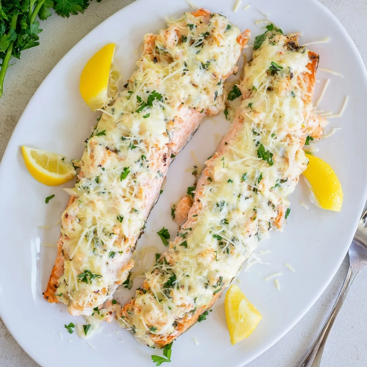 Golden-baked Crab & Shrimp Stuffed Salmon fillets, garnished with fresh parsley and lemon wedges, resting on a white plate.