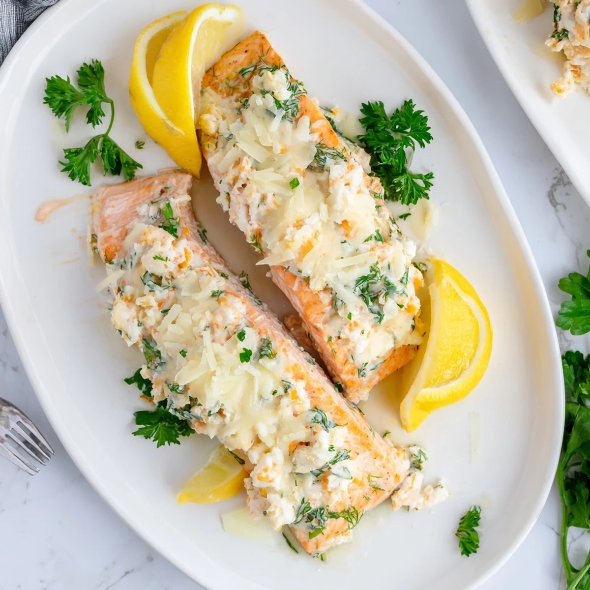 Close-up of a fork flaking tender Crab & Shrimp Stuffed Salmon, revealing the creamy seafood filling with crab and shrimp chunks.