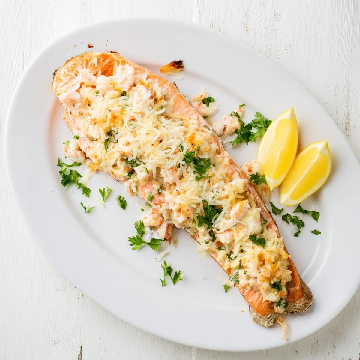 Crab & Shrimp Stuffed Salmon served alongside roasted asparagus and rice pilaf on a rustic wooden table for a special dinner.
