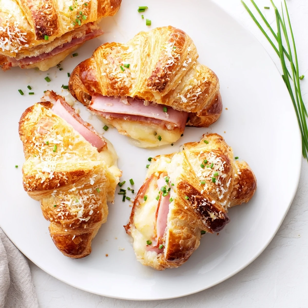 Golden, flaky Stuffed Croissants reveal melted Swiss cheese and savory ham inside after baking.