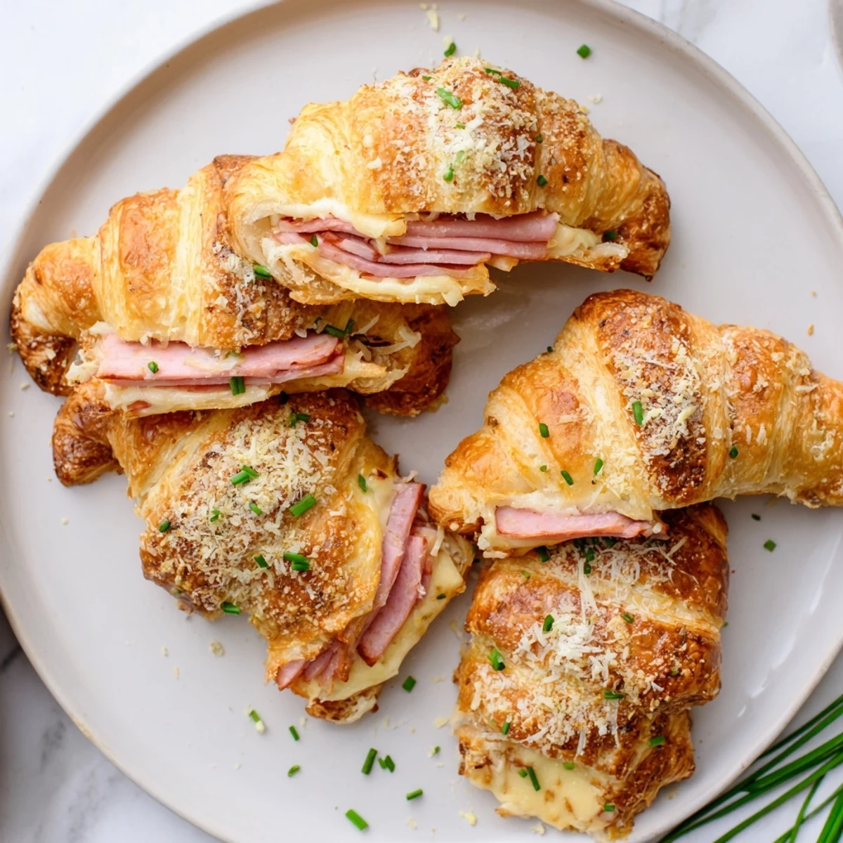 Stuffed Croissants sit beside a green salad for a hearty American brunch plate.