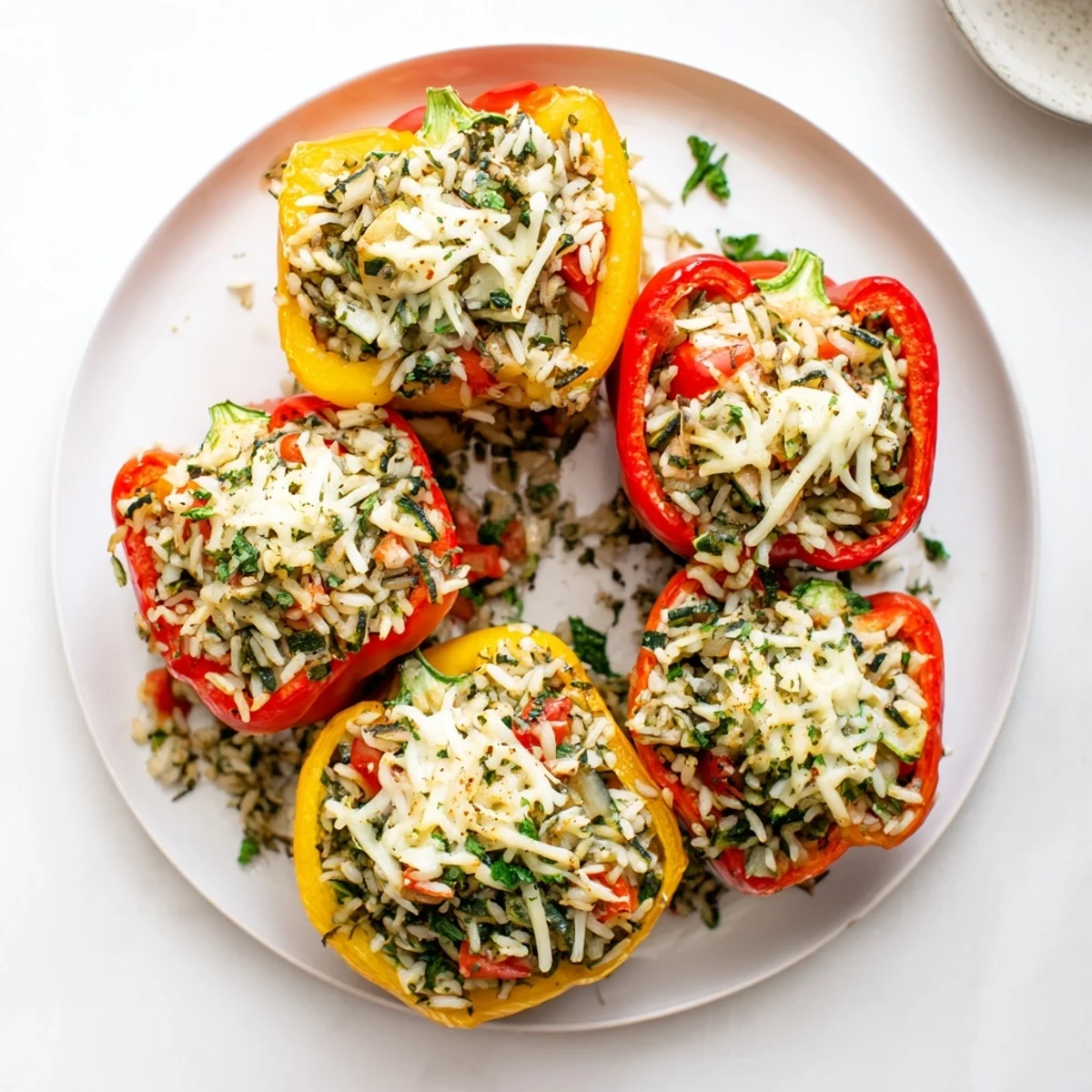Golden-brown Vegetarian Stuffed Bell Peppers filled with rice, zucchini, and melted cheese, served hot from the oven.
