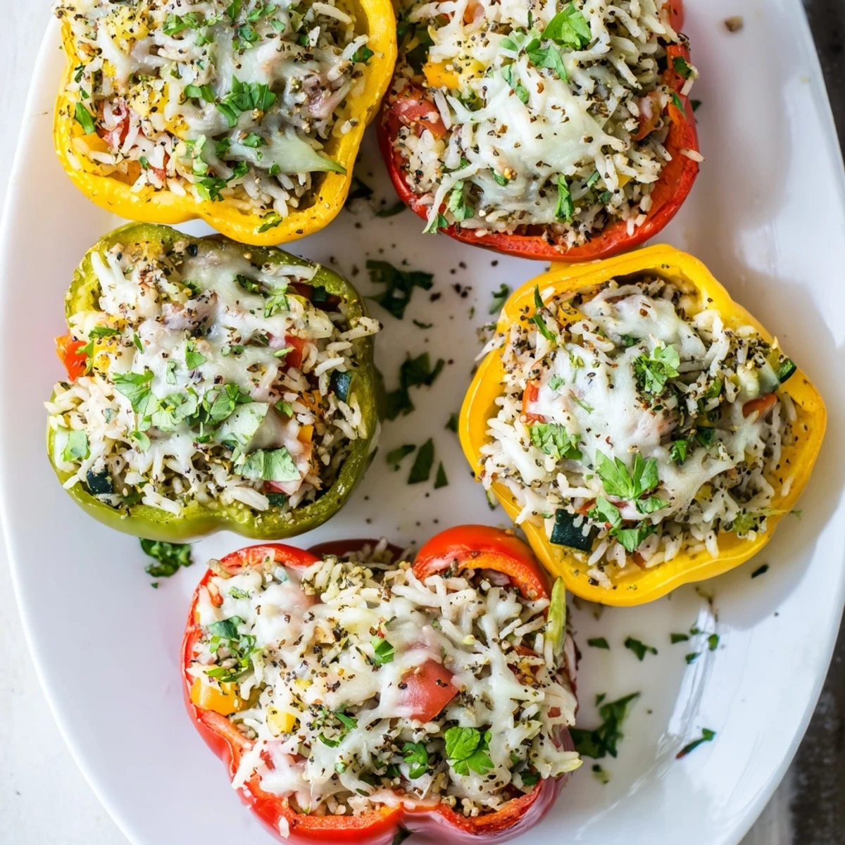 Bright bell peppers stuffed with rice, vegetables, and cheese, garnished with fresh parsley on a rustic plate.