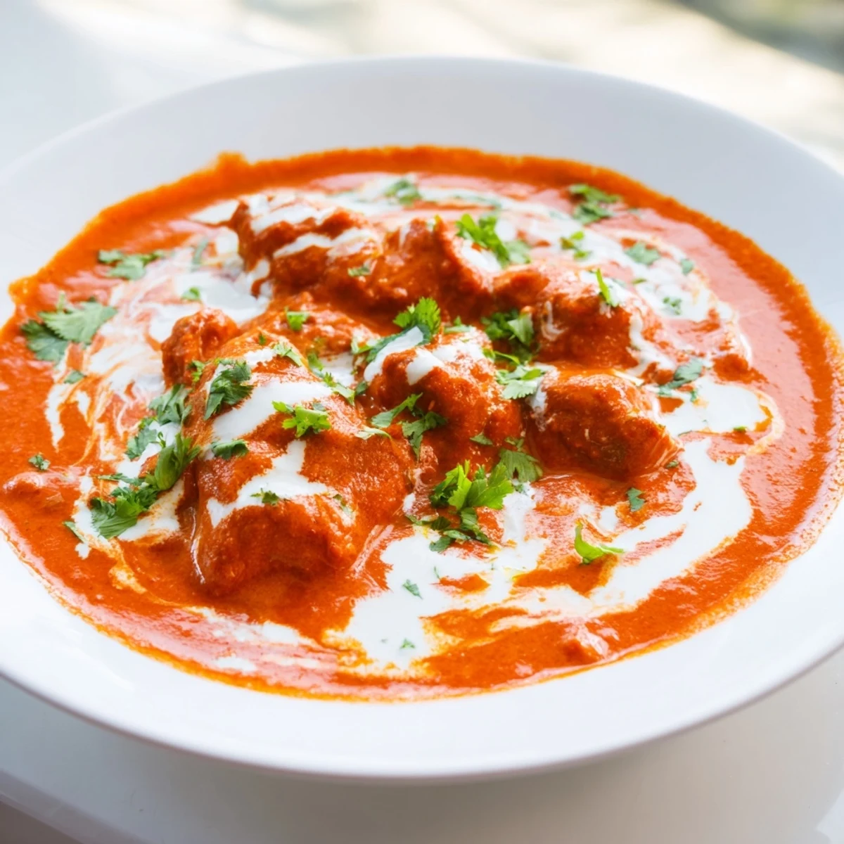 A close-up of Butter Chicken simmering in a creamy tomato sauce, garnished with cilantro, served alongside fluffy basmati rice.