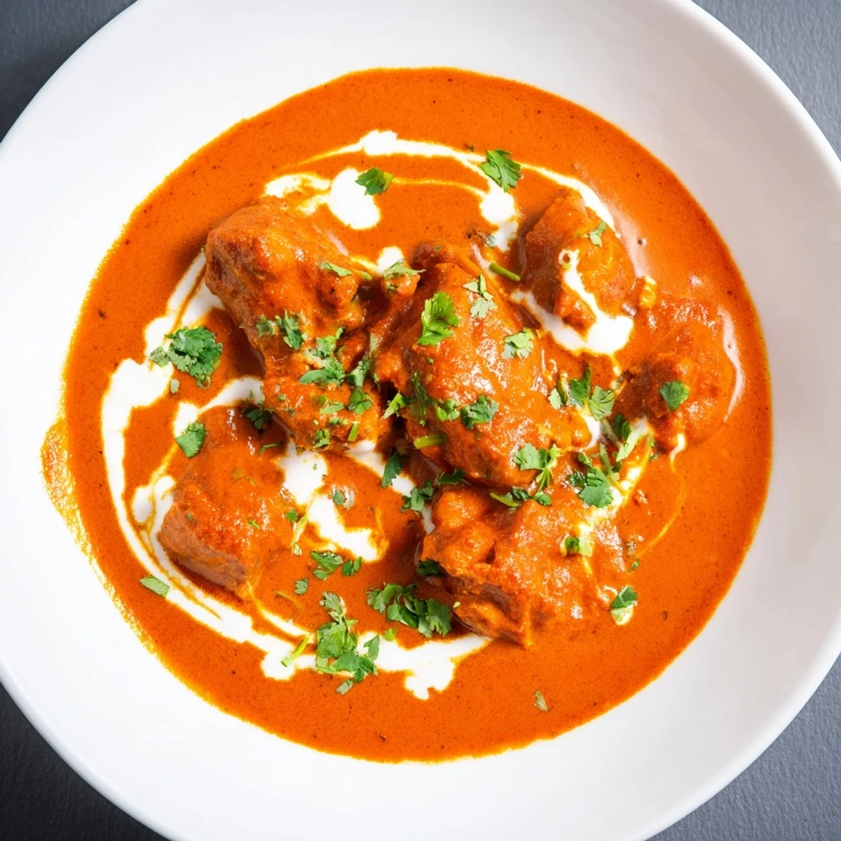 This bowl of homemade Butter Chicken features tender chicken pieces in a rich, spiced sauce, ready to be scooped up with naan.