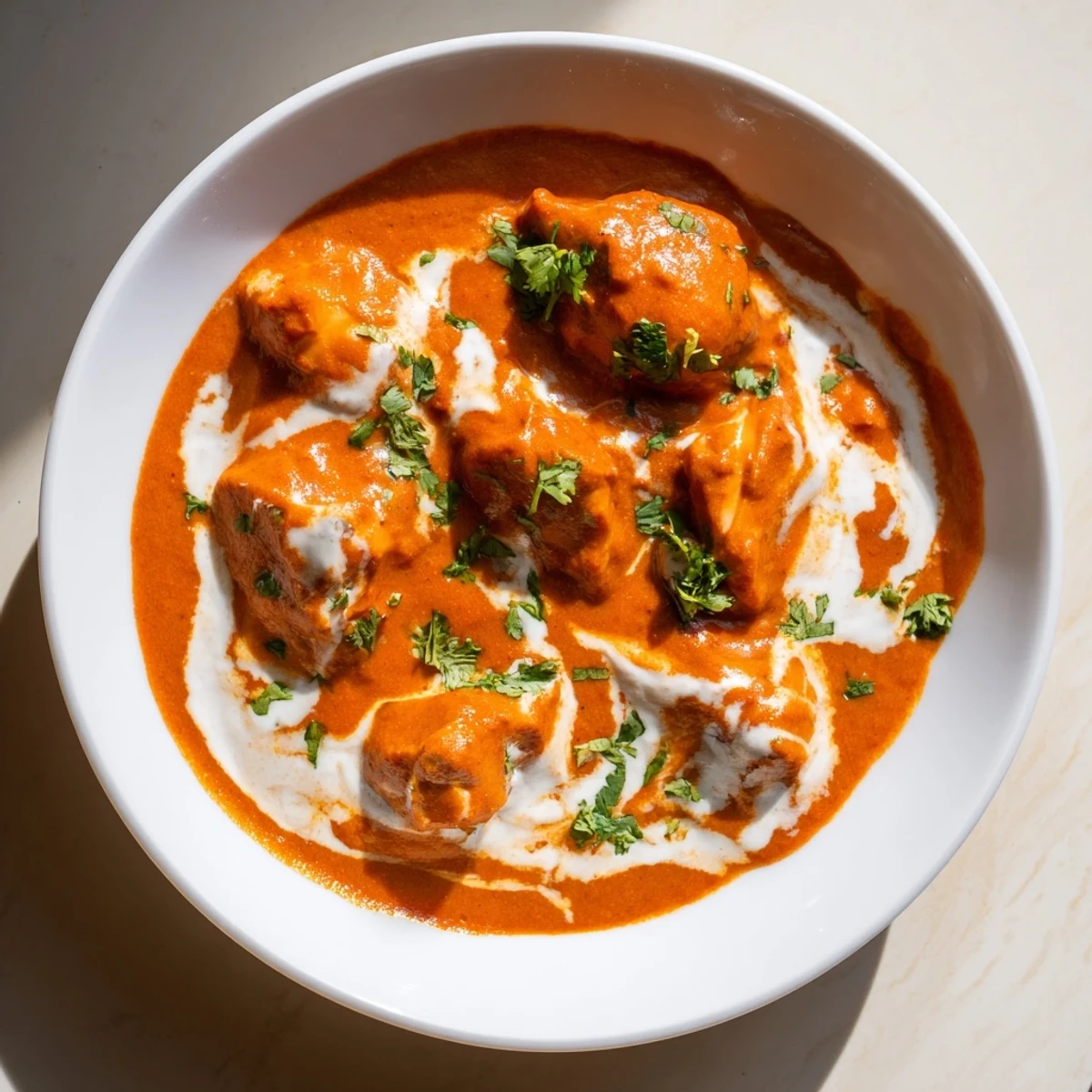 Butter Chicken is plated hot, showing its vibrant orange sauce and a side of steamed rice for a complete meal.