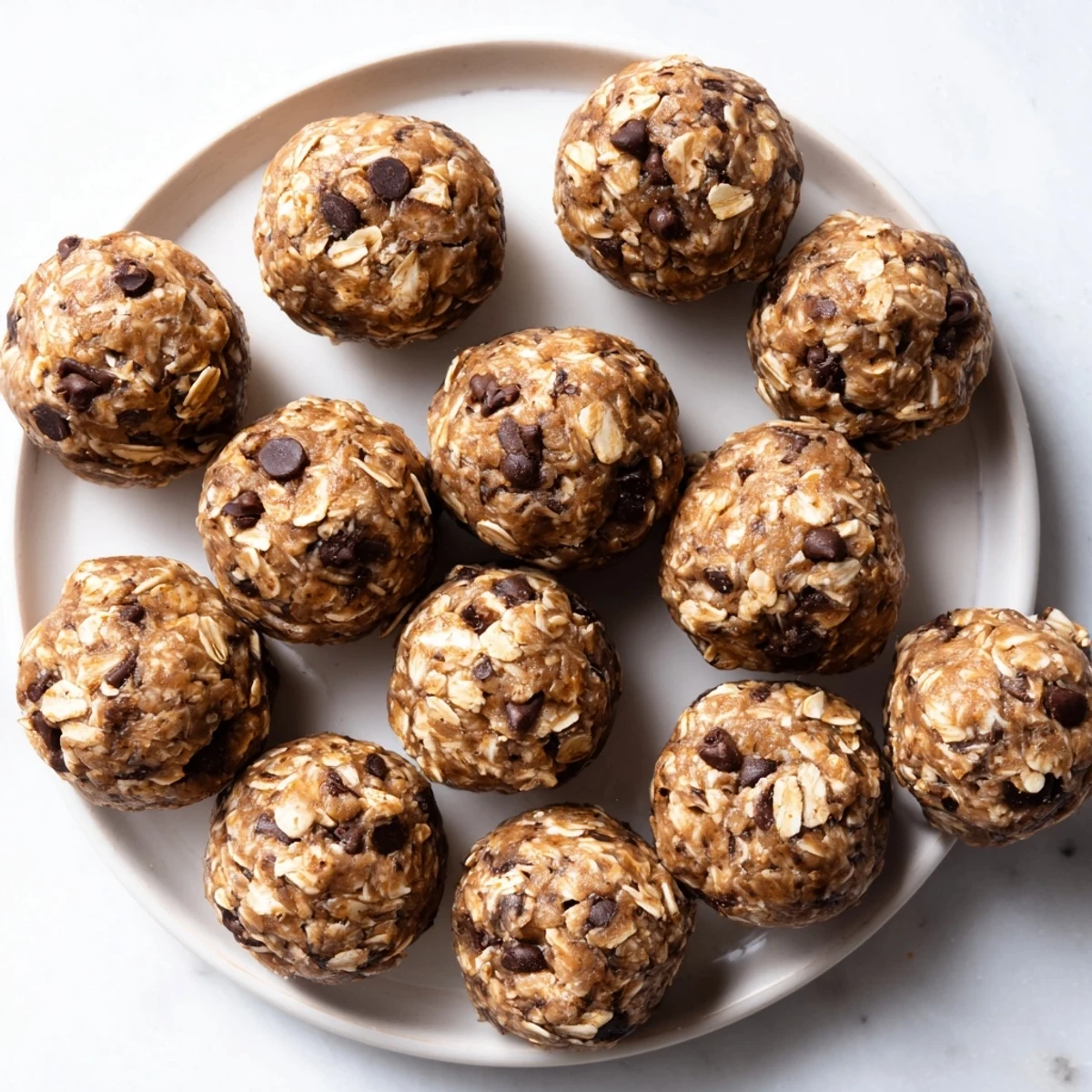 Close-up of No Bake Peanut Butter Energy Bites on a tray, showing chewy oats and melted chocolate chips.