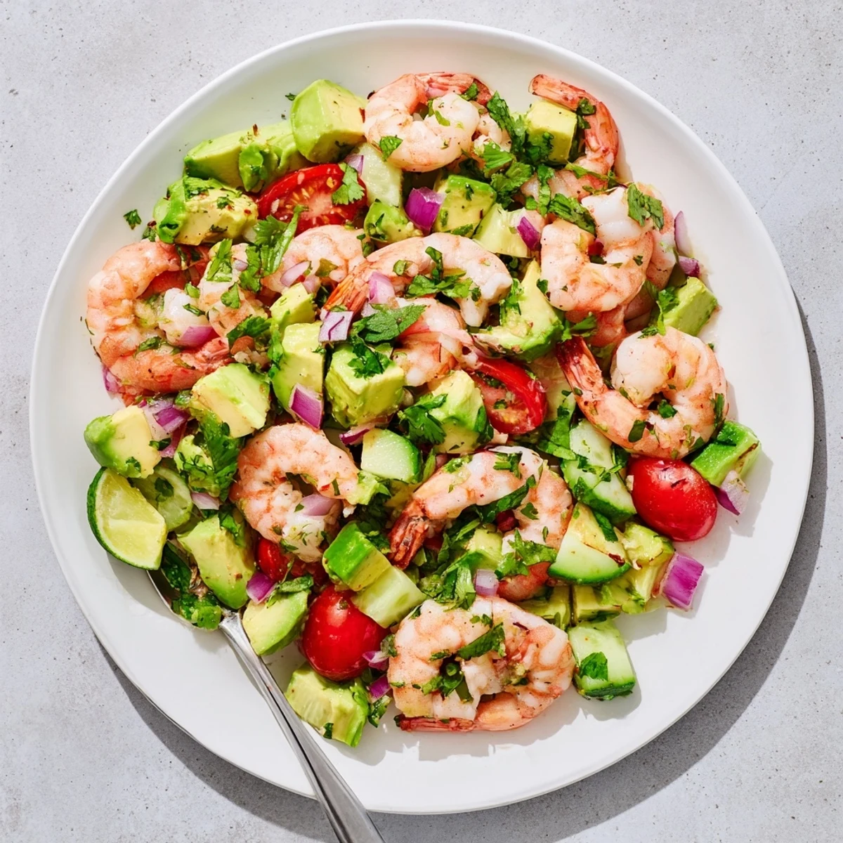 Served chilled, the Healthy Shrimp Avocado Salad features succulent shrimp, red onion, and fresh cilantro on a white plate.