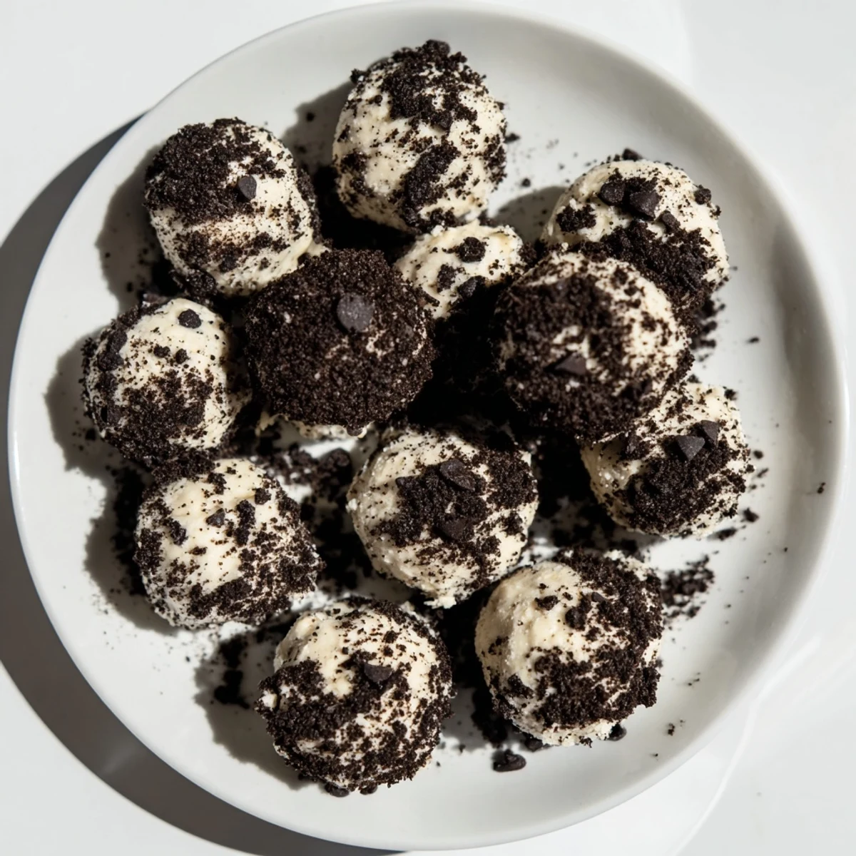 Overhead view of Cream Cheese Oreo Protein Balls arranged on a parchment-lined tray, perfect for a quick post-workout snack.