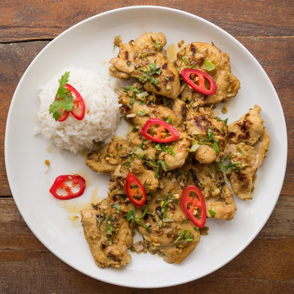 A close-up of Vietnamese Lemongrass Chicken, its savory marinade glistening, with scallions and chili slices arranged beautifully on a white plate.