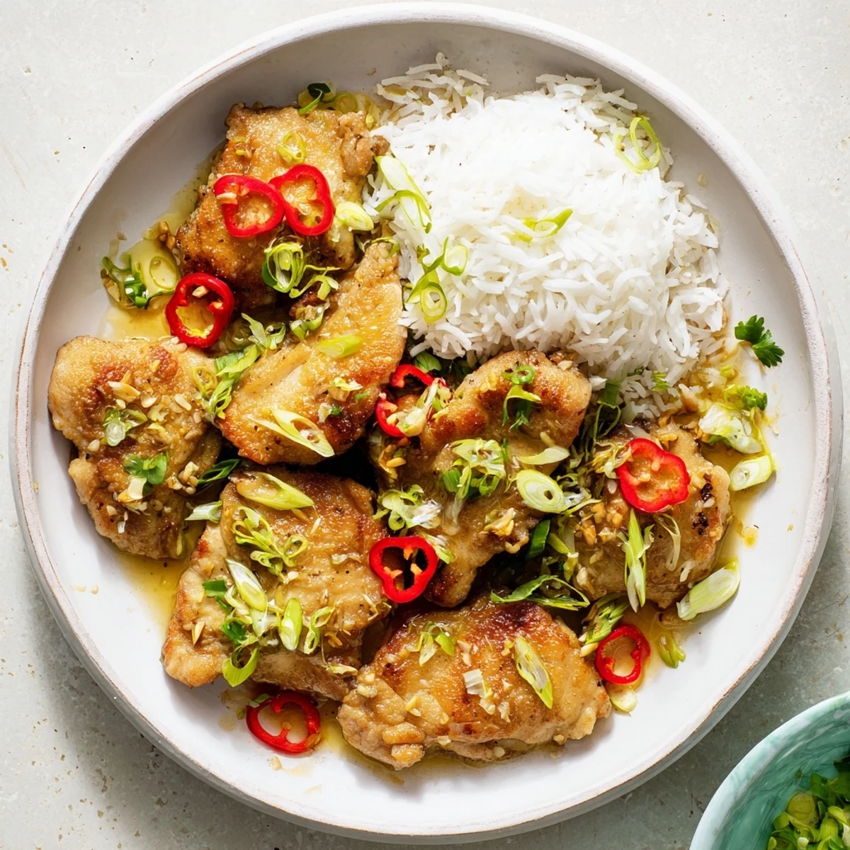Golden-brown Vietnamese Lemongrass Chicken pieces sizzling in a skillet, garnished with fresh cilantro and sliced red chili, served over fluffy jasmine rice.