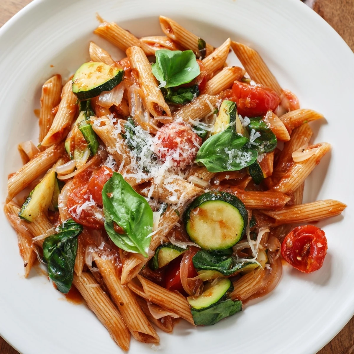 Warm Healthy Tomato Zucchini Pasta with fresh basil leaves and grated Parmesan cheese on a white plate.
