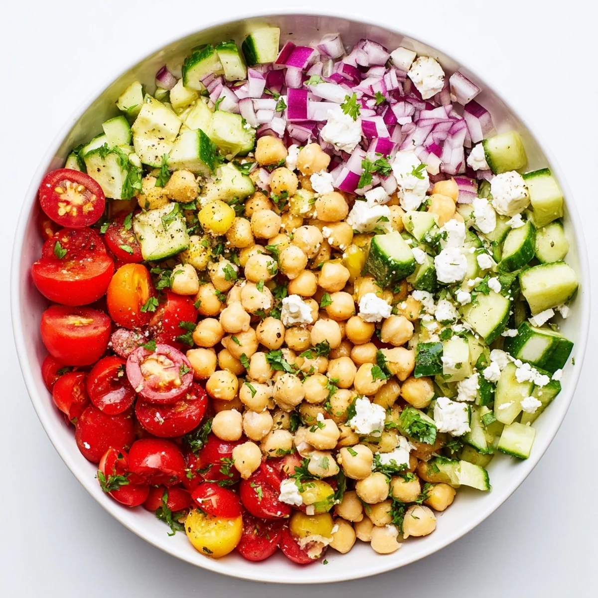 Freshly diced avocado and crumbled feta cheese in Chickpea Feta Avocado Salad glisten with a zesty lemon dressing.