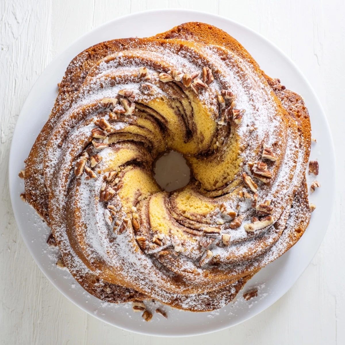Golden breakfast Bundt coffee cake with cinnamon swirl and powdered sugar dusting
