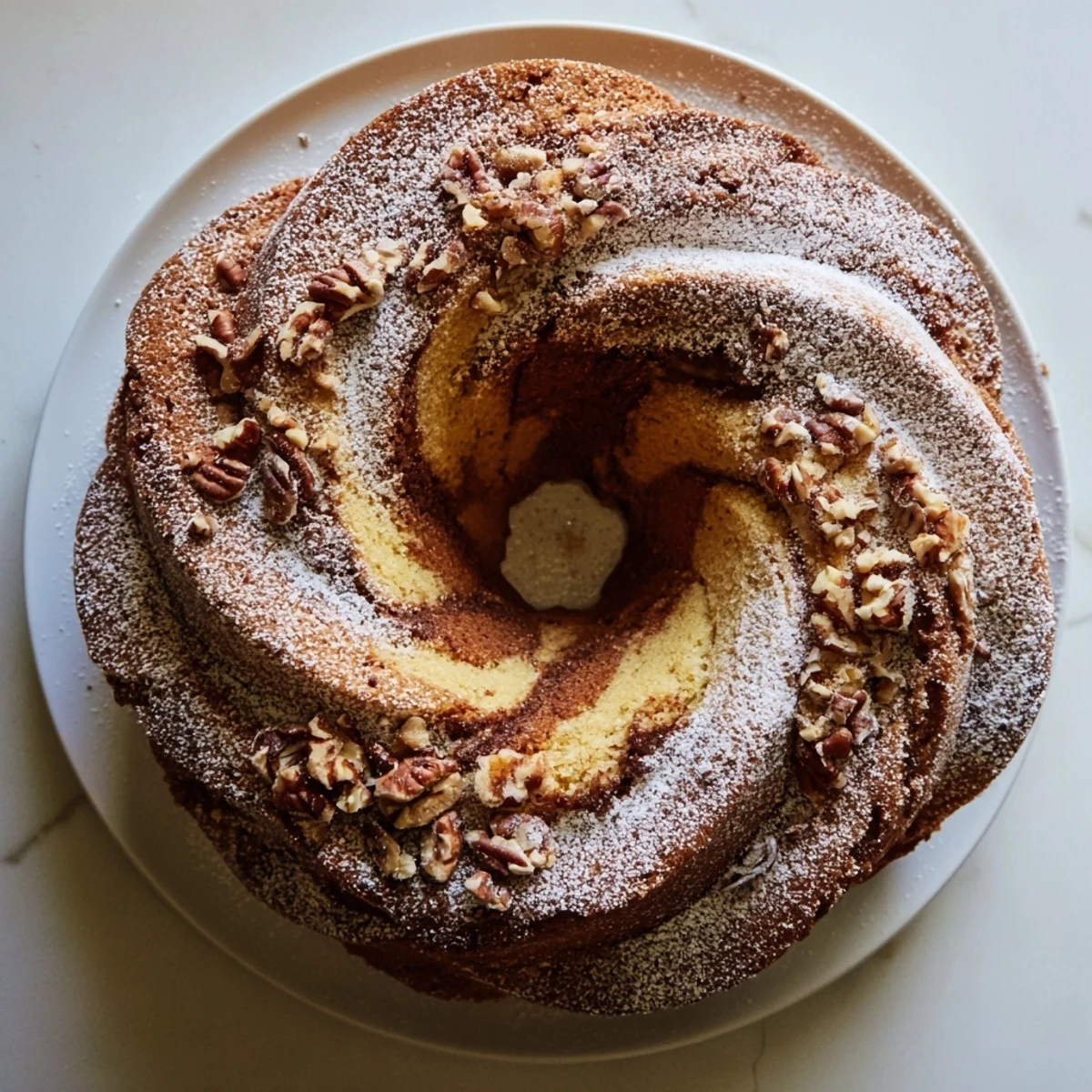 Homemade breakfast Bundt coffee cake featuring ribbons of brown sugar cinnamon filling