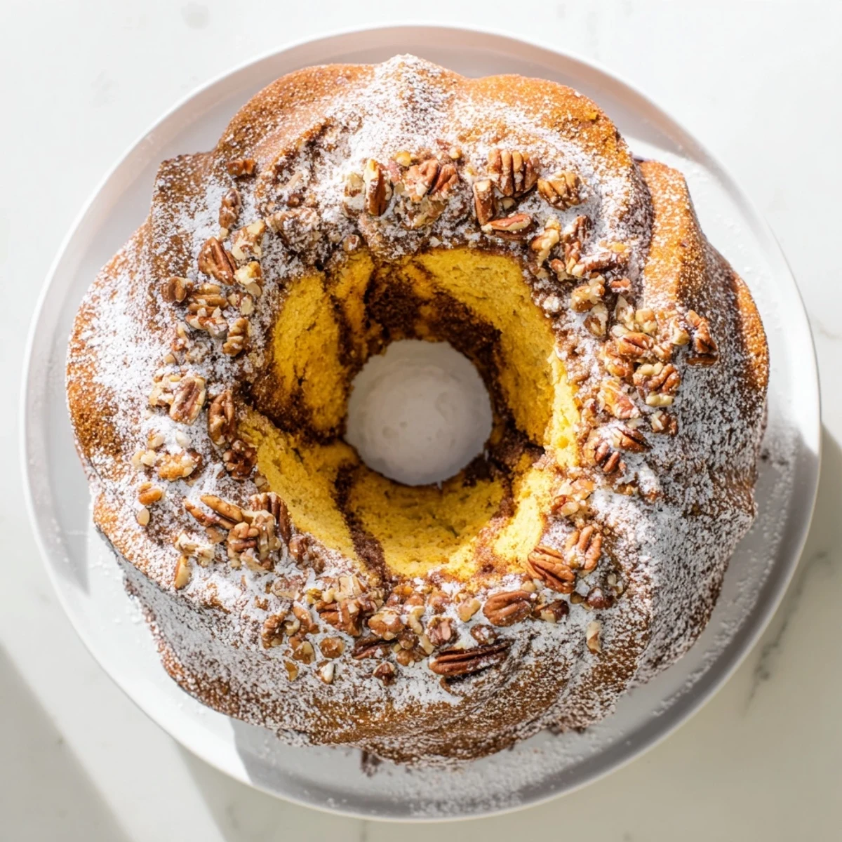 Tender cinnamon-swirled breakfast Bundt coffee cake sliced on a white serving plate