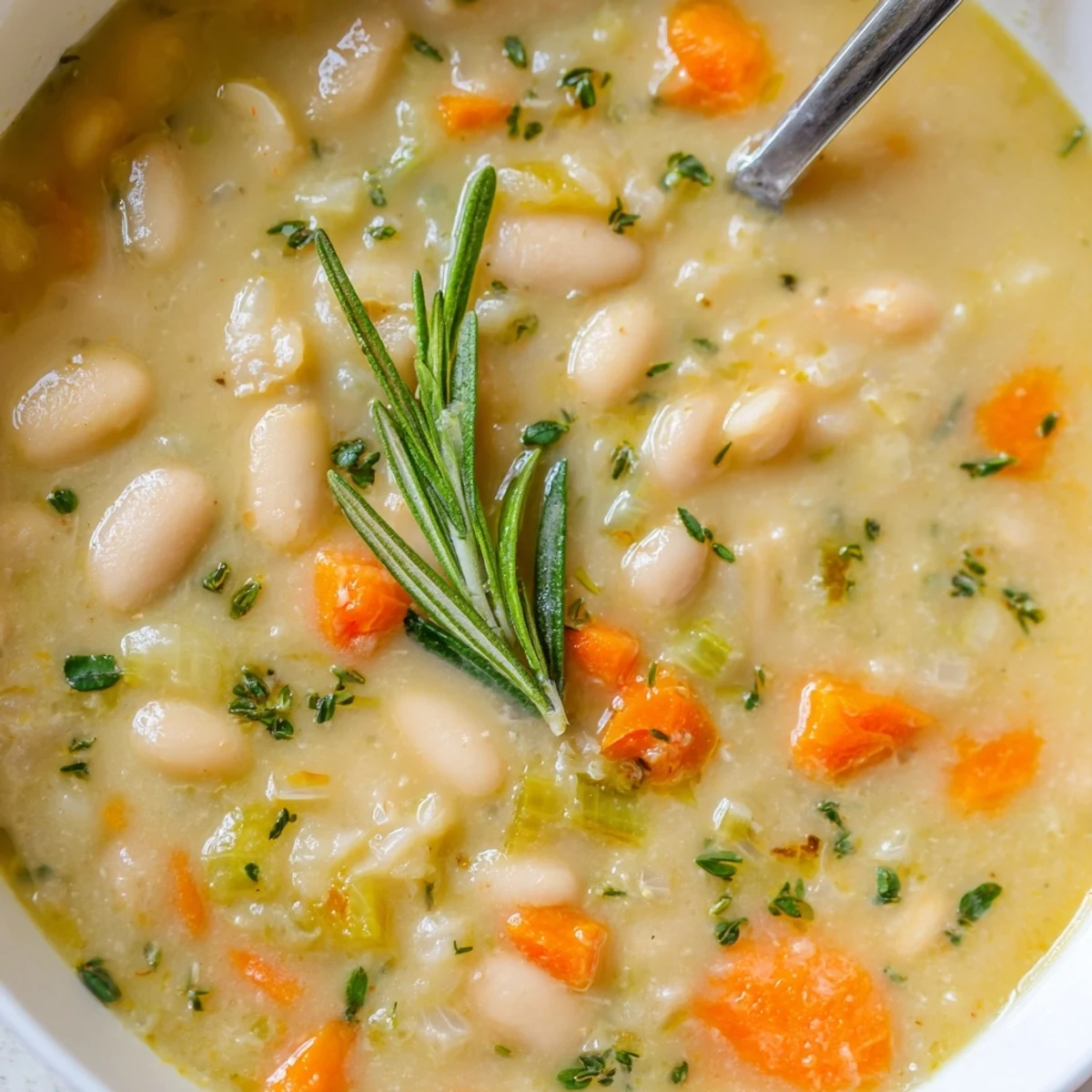 Creamy white bean soup garnished with fresh parsley and served with crusty bread