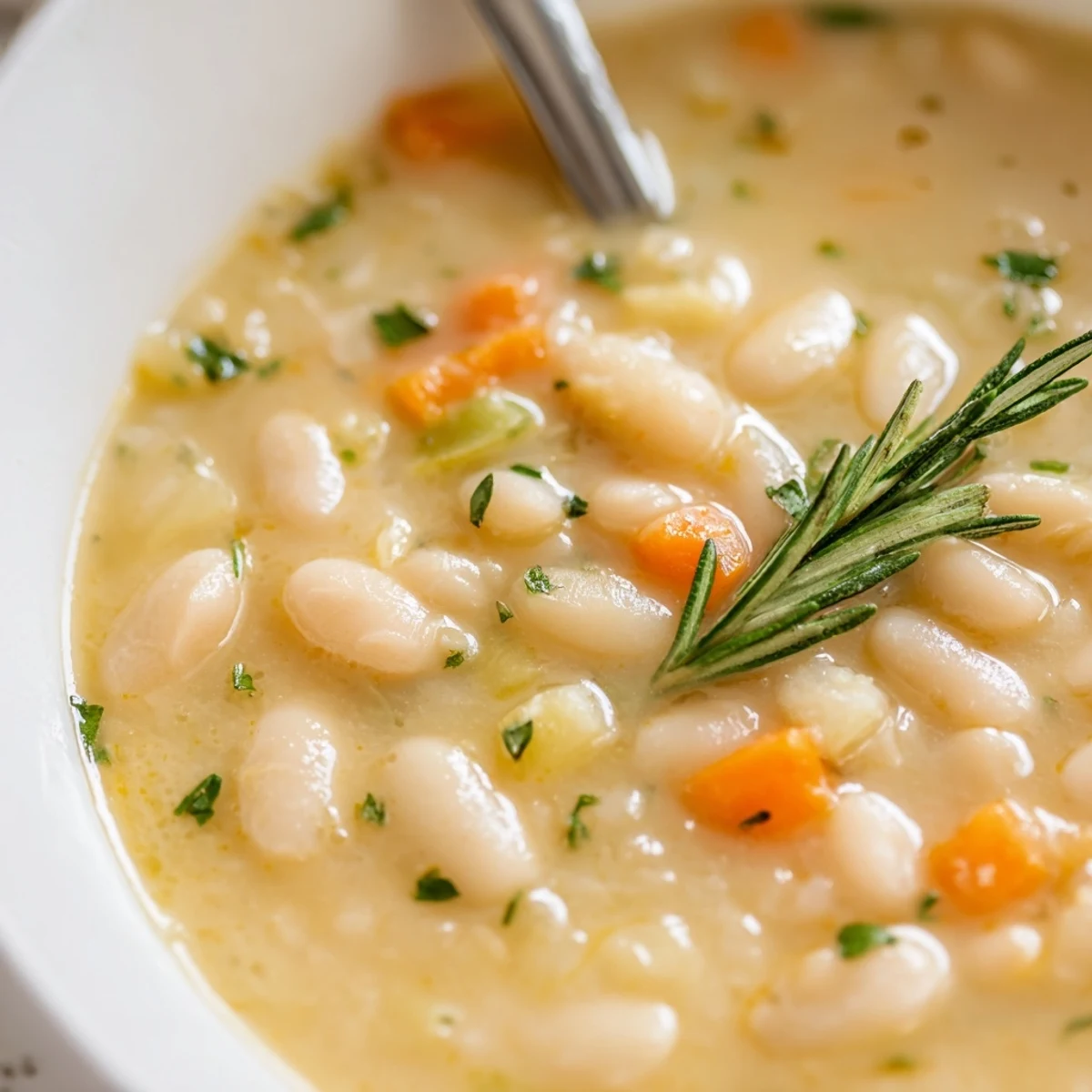 Bowl of rosemary garlic white bean soup featuring tender vegetables and aromatic herbs