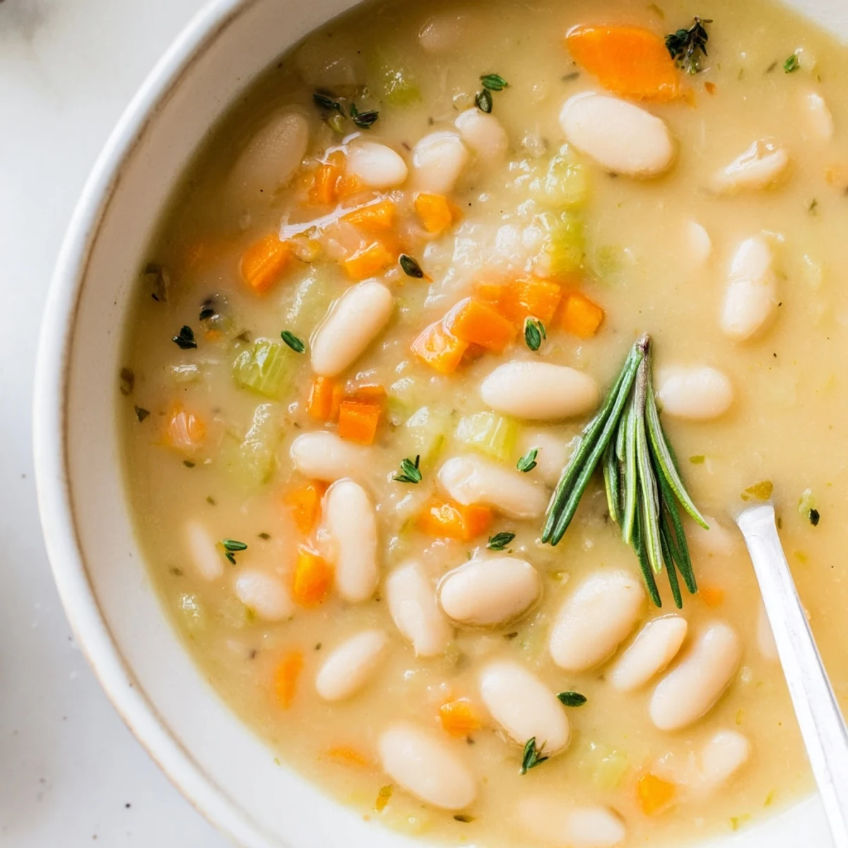 Steaming bowl of cozy white bean soup with rosemary sprig and rustic bread slice